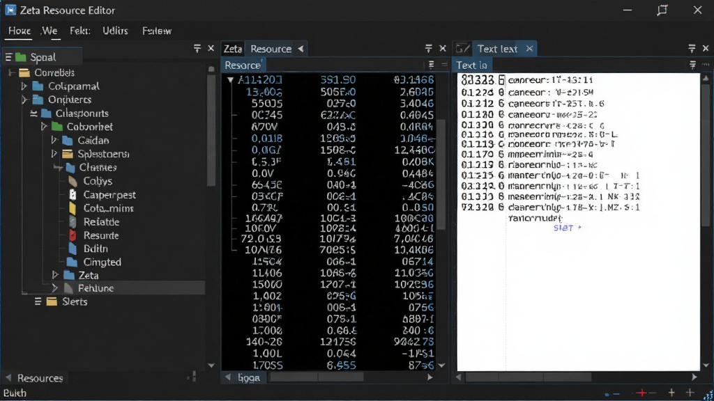 Zeta Resource Editor 主界面预览图,左侧资源树形列表,右侧十六进制与文本编辑区,整体布局简洁专业,窗口采用深色主题,细节清晰,画质干净,无多余元素