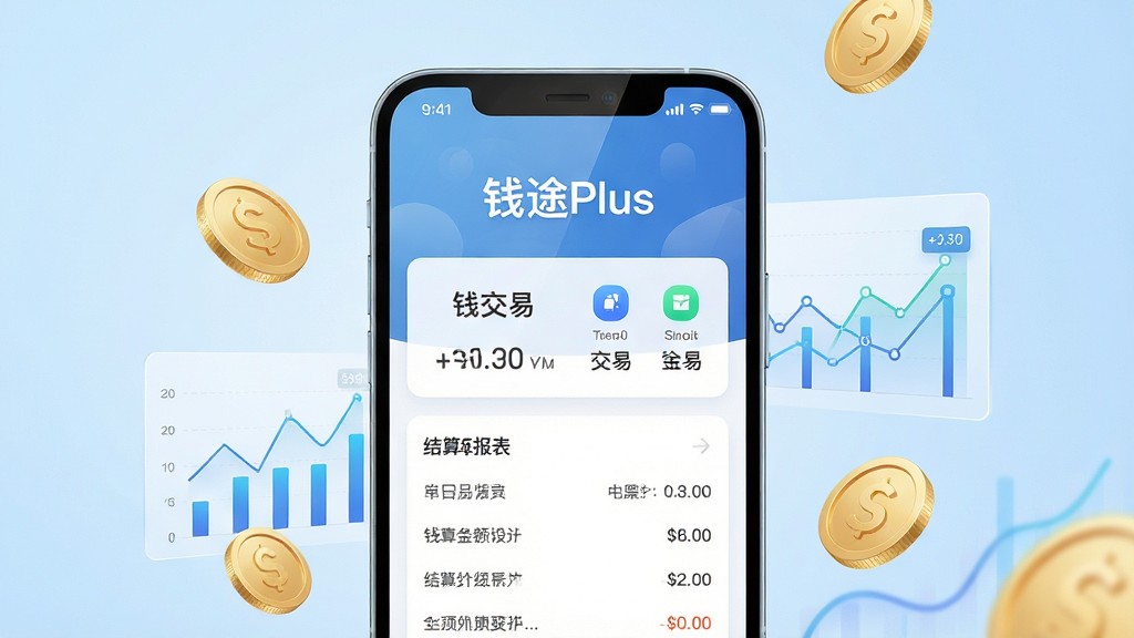 主体:钱途Plus软件界面展示在智能手机屏幕上,周围环绕金币与数据图表元素。布局:手机居中,界面显示交易金额与结算报表,背景为浅蓝色渐变。排版:界面元素简洁清晰,突出“钱途Plus”字样与主要功能图标。风格:现代商务风,写实渲染,明亮通透。细节:屏幕反光自然,图表线条锐利,数字清晰可见。画质:8K超高清,干净背景,无多余元素。