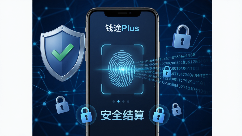 主体:钱途Plus软件的安全验证界面,盾牌图标与锁形符号围绕手机。布局:手机居中显示指纹验证动画,背景为深蓝色科技感网络线条。排版:界面下方有“安全结算”文字,周围有加密标识。风格:科技感写实风格,冷色调。细节:盾牌上的对勾、指纹扫描光线、数字加密代码流动效果。画质:超高清渲染,无多余元素。