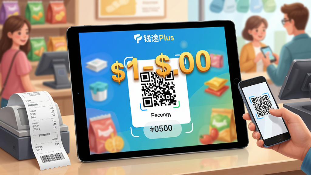 主体:钱途Plus软件在平板电脑上显示收款成功动画,背景为商铺收银台场景。布局:平板位于画面中央,收款金额以醒目数字弹出,四周有商品和顾客模糊背景。排版:界面顶部显示“钱途Plus”品牌标识,中部为收款二维码,下方为交易金额。风格:写实商业插画风,色彩明快。细节:收银台小票打印、顾客手机扫码动作清晰可见。画质:高清细腻,无多余元素。