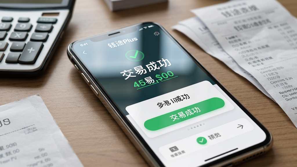 主体:一部智能手机显示钱途Plus应用交易成功界面,背景为办公桌面。布局:手机位于画面中央,屏幕上有“交易成功”字样与金额,桌面有计算器、票据。排版:界面简洁,关键信息高亮。风格:写实摄影风格,浅景深效果。细节:屏幕反光、纸张纹理、手机边框金属质感。画质:高清细节丰富,无多余元素。