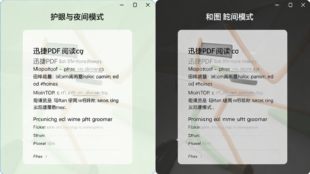 迅捷PDF阅读器切换至护眼与夜间模式,界面背景变为淡绿与深灰,文字依然清晰,对比度柔和,展示不同模式对比图,风格简洁,画质干净