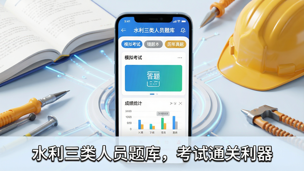 主体:智能手机屏幕展示“水利三类人员题库”应用界面,界面显示题库列表、答题卡和成绩统计图表;布局:手机居中,屏幕内容清晰可见,周围有书本和安全帽等水利工程元素点缀;排版:手机下方配文字“水利三类人员题库,考试通关利器”;风格:写实3D渲染,色彩明亮,科技感与专业感并重;细节:屏幕内显示“模拟考试”“错题本”“历年真题”等标签,画质高清;画质:8K超清,干净无多余元素