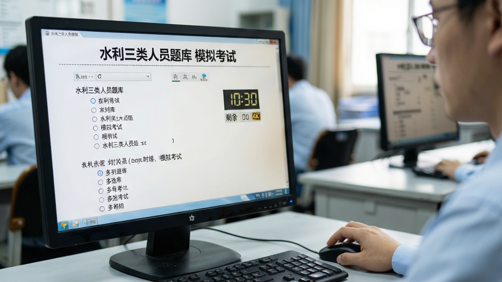 主体:模拟考试场景,电脑屏幕上显示“水利三类人员题库”模拟试卷界面,考生正在点击鼠标答题;布局:前景为试卷特写,背景为考场环境虚化;排版:试卷上方显示“水利三类人员题库 模拟考试”标题;风格:写实摄影风格,光线明亮,氛围严肃;细节:试卷上有单选题和多选题,计时器显示剩余时间;画质:4K超清,干净无多余元素