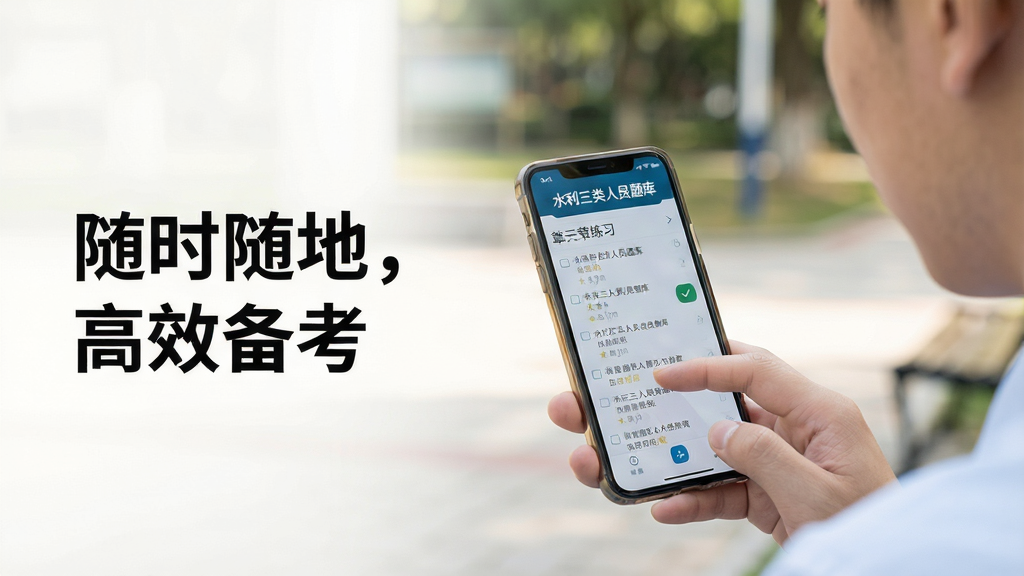 主体:一名考生使用手机在户外刷题,手机屏幕显示“水利三类人员题库”章节练习界面;布局:人物位于画面右侧,左侧留白放置文字“随时随地,高效备考”;排版:手机屏幕内容清晰可辨;风格:写实生活摄影风格,自然光线,背景虚化;细节:人物手指点击屏幕,界面显示题目选项;画质:高清,干净无多余元素