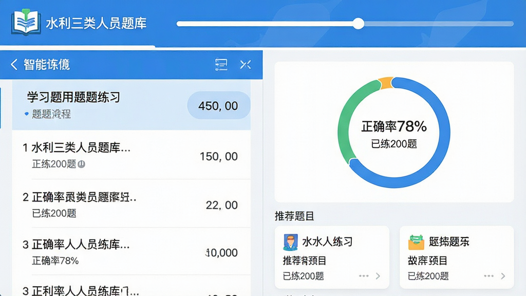 主体:应用内“智能练习”界面截图风格展示,左侧为题目列表,右侧为答题正确率环形图;布局:界面分区明确,上方为学习进度条,下方为推荐题目卡片;排版:界面文字清晰,标注“水利三类人员题库”Logo;风格:扁平化UI设计,蓝白主色调,简洁专业;细节:显示“正确率78%”“已练200题”等数据;画质:高清细腻,干净无多余元素