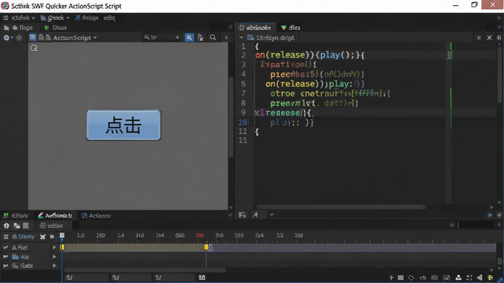 ���壺Sothink SWF Quicker��ActionScript�ű��༭���棬��ʾһ�μ򵥵Ĵ��롣���֣��������Ҳ�Ϊ�ű��༭����壬����Ϊ��ɫ������Ϊ��ɫ�ı������Ϊ��̨��������һ����ťԪ�����ײ�Ϊʱ���ᡣ�Ű棺�����������̨���ţ�ͻ������༭���򡣷�񣺵��ʹ���༭����ʽ��ʹ�õȿ����塣ϸ�ڣ�������ʾ��on(release){play();}�������Բ�ͬ��ɫ���ֹؼ��֡��ַ�����ע�ͣ���ťԪ���ϴ��С���������֡����ʣ������ı���������������ɾ����޶���װ�Ρ�