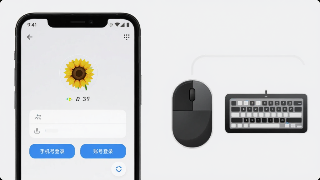 ��������Ϊһ����׿�ֻ���ʾ���տ�Զ�̿���APP�ĵ�¼���棬�·��С��ֻ��ŵ�¼���͡��˺ŵ�¼����ť������Ϊǳ��ɫ���ֻ��Ա߷���һ���������̵�ͼ�꣬��ʾ������豸�����ָɾ�������Ԫ�����������дʵ��������͡����ʸ��壬�޶���Ԫ�ء�