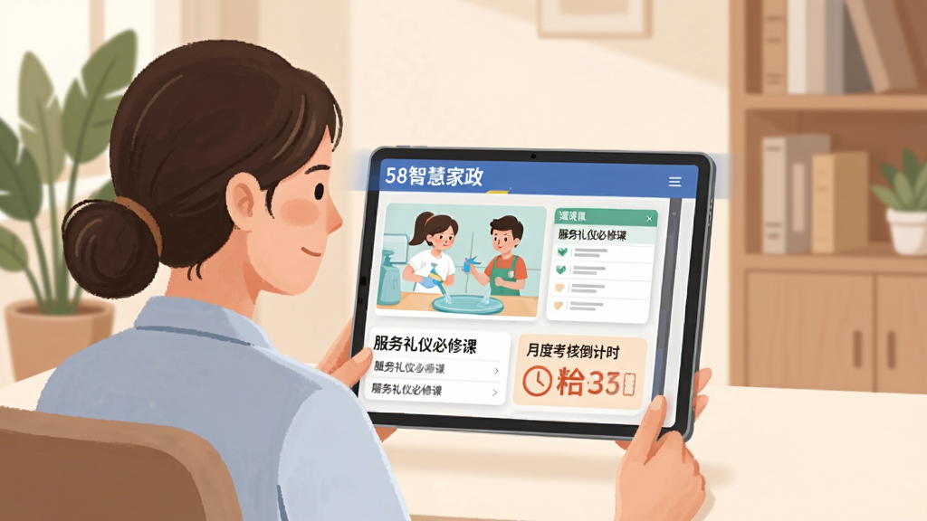 主体为家政服务人员坐在桌前,用平板电脑观看