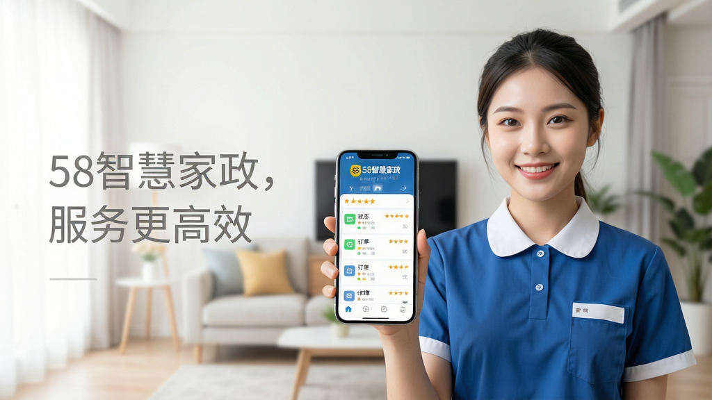 主体为一位身着整洁家政制服、面带微笑的年轻家政服务员,手持智能手机,手机屏幕清晰显示