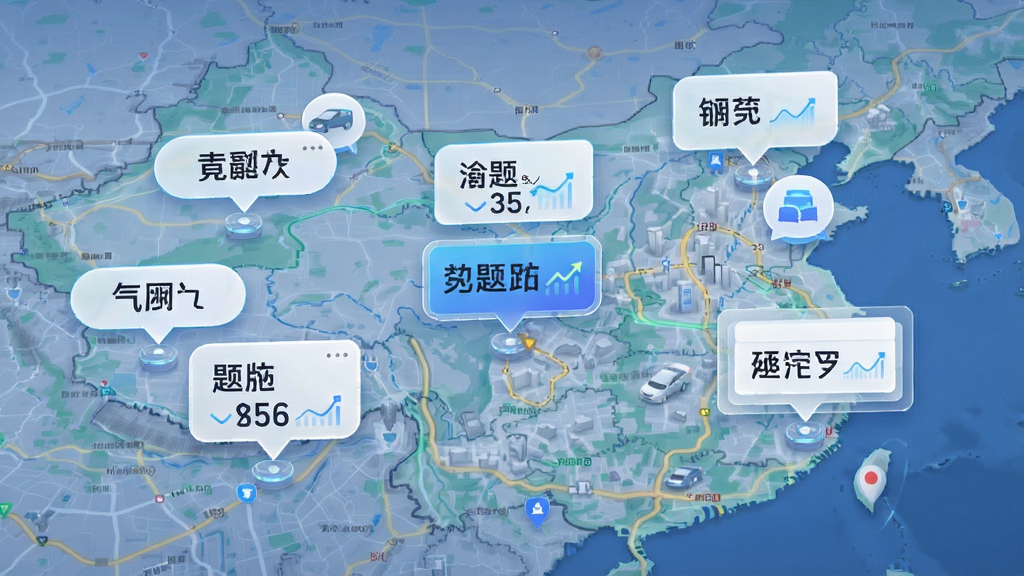 网约车考试助手区域专项题库功能预览图,主体为地图背景上悬浮多个城市名称标签,点击后展示对应的题库列表,风格为信息可视化设计,细节包含城市名称和题库数量统计,画质高清,干净无多余元素。