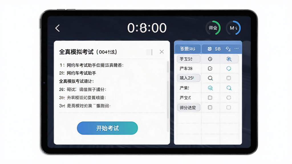 网约车考试助手全真模拟考试功能预览图,主体为平板电脑展示模拟考试界面,左侧是题目区域,右侧是答题卡,顶部有倒计时器,风格简洁专业,细节包含“开始考试”按钮和得分进度环,画质清晰,干净无多余元素。