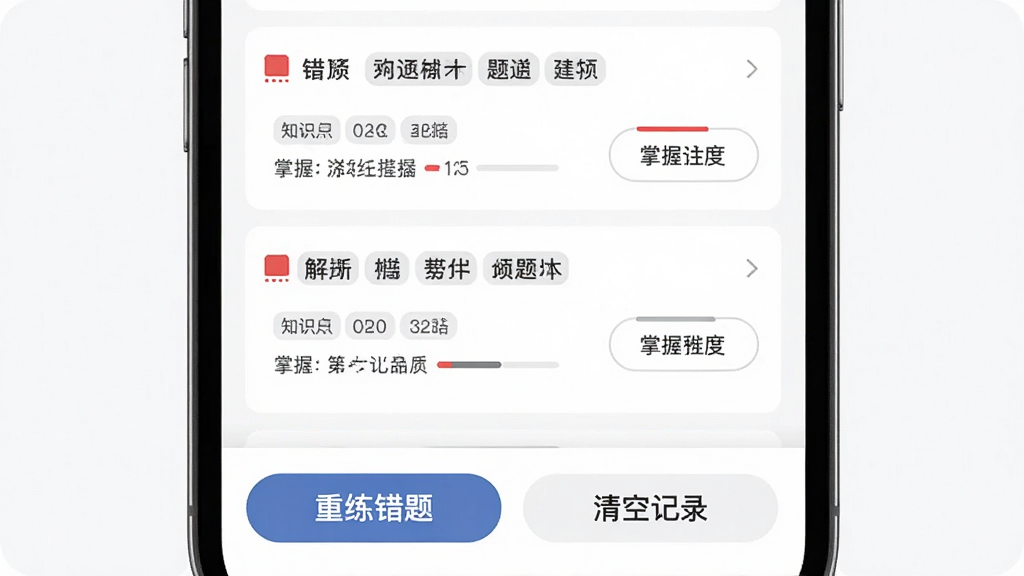网约车考试助手智能错题本功能预览图,主体为手机界面展示错题列表,每条错题有红色标记和解析按钮,底部有“重练错题”和“清空记录”按钮,风格简洁直观,细节包含知识点标签和掌握程度进度条,画质清晰,干净无多余元素。