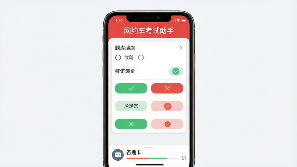 网约车考试助手APP界面预览图,主体为手机屏幕展示题库练习页面,上方显示“网约车考试助手”红色标题,中间有单选题列表和选项按钮,底部有答题卡和进度条,布局简洁清晰,风格为现代扁平化设计,细节包含绿色对勾和红色叉号标记,画质高清,干净无多余元素。