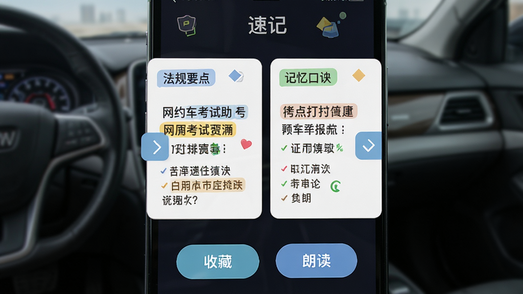 网约车考试助手考点速记手册功能预览图,主体为手机界面展示速记卡片,卡片上有法规要点和记忆口诀,左右滑动切换,下方有“收藏”和“朗读”按钮,风格清新活泼,细节包含关键词高亮和章节标签,画质高清,干净无多余元素。
