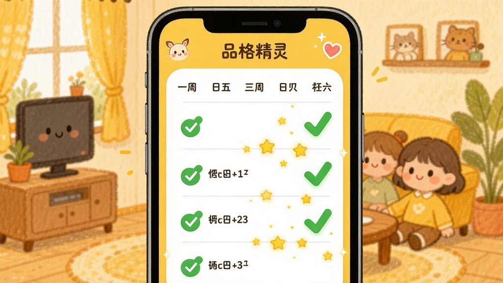 画面主体为“品格精灵”应用的任务打卡界面,手机屏幕内展示一周七天的任务清单,其中几天已打上绿色对勾,并伴有小星星动画特效。背景为手绘风格的温馨家庭场景。整体排版为列表式,风格活泼可爱,以暖黄色为主色调。画质干净,主体突出,画面中无多余文字或元素干扰。