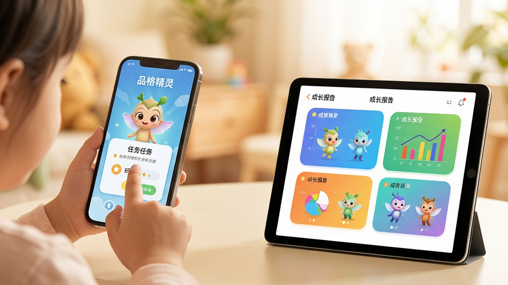图片主体为“品格精灵”应用在手机和平板上的使用对比场景,左侧一位小朋友正用手指点击手机屏幕上的精灵任务,右侧平板电脑上展示着色彩斑斓的成长报告图表。背景虚化,突出设备屏幕内容。画面采用明亮温馨的色调,构图清晰,排版有致,展现跨设备同步使用的便捷性。画质高清,细节柔和,无多余元素。