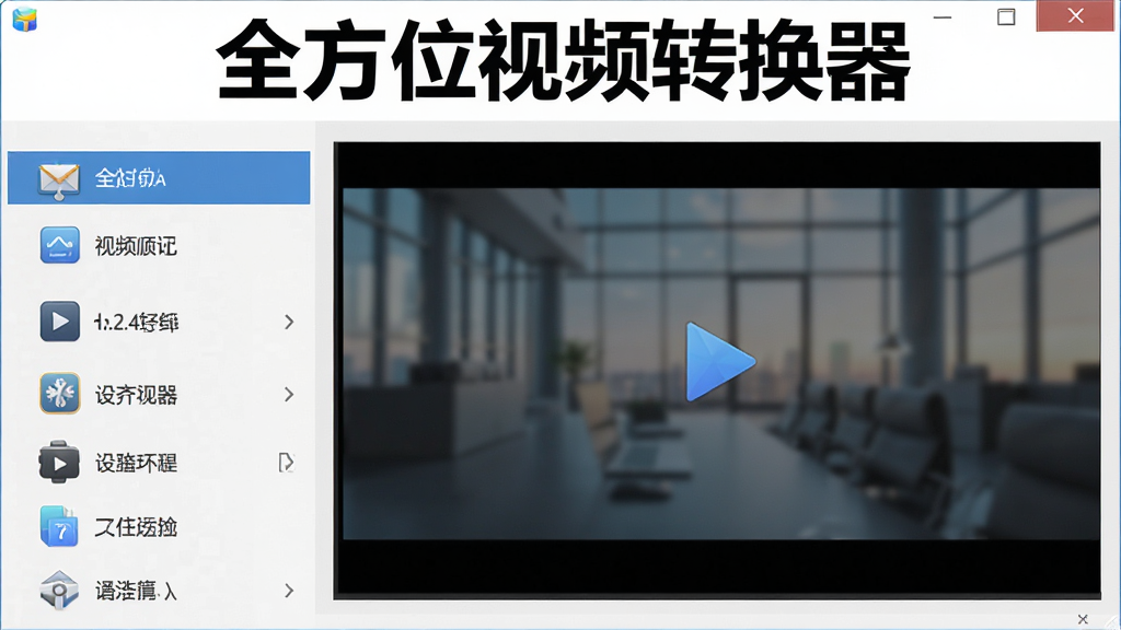 全方位视频转换器的完整功能展示界面,主体为软件主窗口,布局清晰,左侧功能列表,右侧预览区域,风格现代简洁,细节上图标精美,画质高清干净,无多余元素,软件名称“全方位视频转换器”以醒目标题显示在界面顶部,整体视觉专业且易用