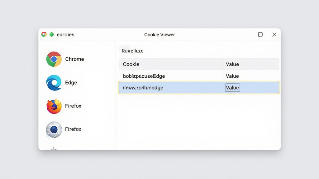 �������ȵ�����������ʾͼ����Ļ������ʾCookie Viewer�����棬������г�Chrome��Edge��Firefox�������ͼ�꣬�Ҳ���������ʾһ��Cookie��¼������������ֵ�ֶΣ�����Ϊ��͵�ǳ��ɫ�����岼��רҵ�����ʸɾ��޶���Ԫ�ء�
