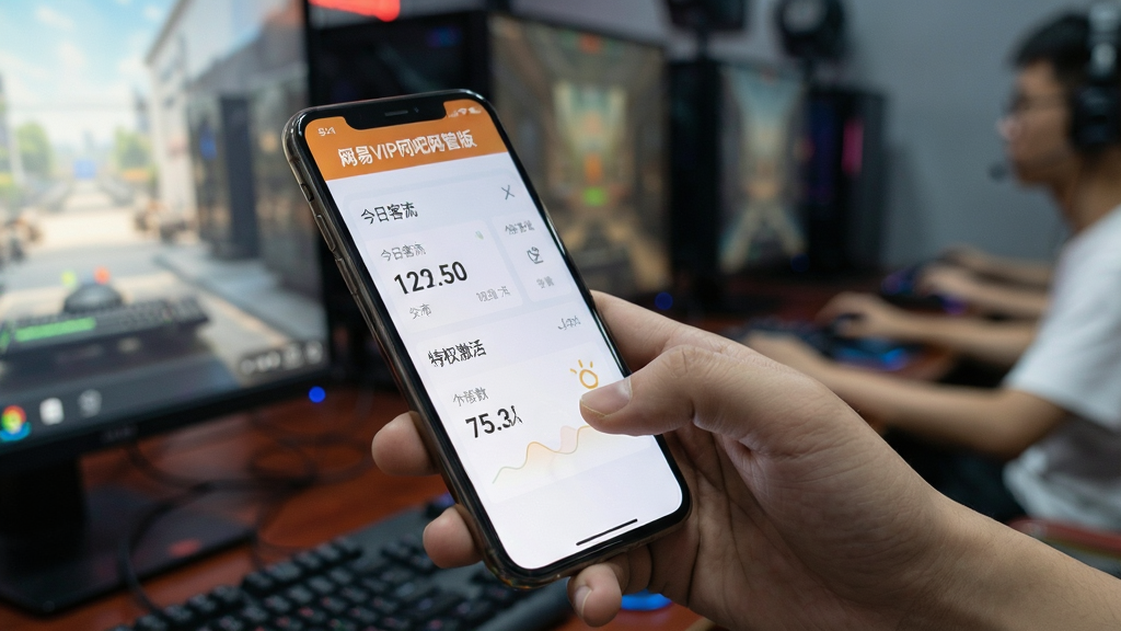图片展示一位网管正在手机上进行移动端后台操作,手机屏幕特写显示“网易VIP网吧网管版”的简洁数据面板,背景是模糊的网吧环境。主体为手机和手部动作。布局为浅景深特写。风格为写实摄影风格。细节:手机屏幕清晰可见“今日客流”和“特权激活”数字。画质高,干净,无多余元素。