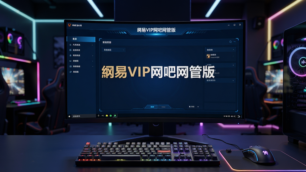 画面主体为一块亮着的大屏显示器,屏幕上清晰显示着“网易VIP网吧网管版”的软件主界面,布局为深蓝色科技感后台风格。显示器前方摆放着机械键盘和游戏鼠标,周围环境是略显昏暗的现代化网咖,有RGB灯带点缀。布局采用中心构图,显示器占据视觉中心。风格为写实3D渲染,细节丰富,展现键盘鼠标的纹理和屏幕UI的清晰文字。画质高清,干净,无多余元素。