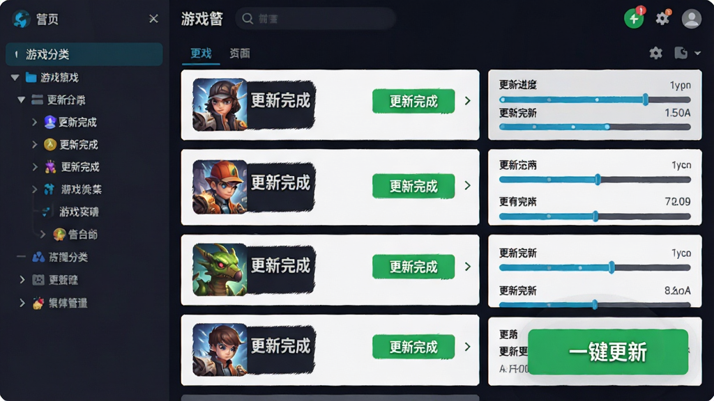 图片主体为后台管理界面的截图风格展示,画面中央是游戏列表,每款游戏旁都有绿色的“更新完成”状态标识。布局为左右分栏,左侧是游戏分类树,右侧是详细的更新进度条。风格为扁平化UI设计,配色以深色背景搭配蓝绿色高亮。细节上要突出“一键更新”的绿色按钮。画质干净清晰,无多余装饰元素。