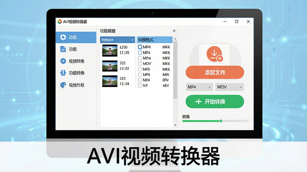 主体:一款名为“AVI视频转换器”的软件界面,显示在电脑显示器上,界面清晰简洁,左侧为功能列表,右侧为视频文件添加区域,有醒目的“添加文件”和“开始转换”按钮,背景为浅蓝色科技感氛围。布局:居中构图,界面为主体,周围留白,下方有软件名称“AVI视频转换器”字样。排版:功能区域排列整齐,图标精致,文字清晰。风格:现代扁平化设计,色彩明快。细节:界面中显示视频文件列表和转换格式选项(MP4、MOV、MKV等),进度条显示转换进度。画质:高清渲染,细节丰富,干净,无多余元素。