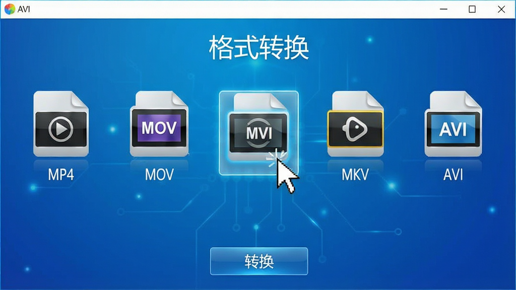 主体:一张展示AVI视频转换器软件界面的图片,界面中显示多种视频格式图标(如MP4、MOV、MKV、AVI等),并排排列,每个图标下方有对应的格式名称。布局:从左到右排列,中间为软件主界面,上方有“格式转换”字样,背景为渐变蓝色。排版:图标整齐,间距均匀,格式名称清晰可见。风格:科技感,界面明亮。细节:鼠标光标指向其中一个格式图标,高亮显示,同时界面下方有“转换”按钮。画质:超清,干净,无多余元素。