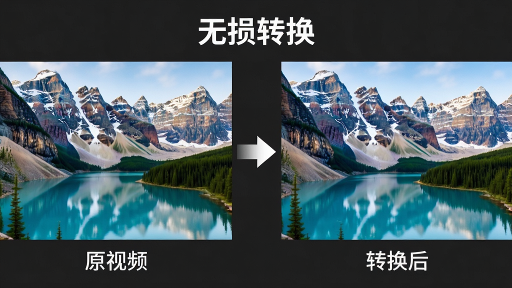 主体:对比图,左侧为原始视频画面,右侧为转换后视频画面,两者画质几乎一致,颜色鲜艳,细节丰富,中间有箭头指向,上方有“无损转换”字样。布局:左右对比,中间箭头,背景为深灰色。排版:对比清晰,标有“原视频”与“转换后”字样。风格:专业评测风格。细节:画面中显示雪山与湖泊,细节保留完整,无明显噪点或模糊。画质:高清,干净,无多余元素。
