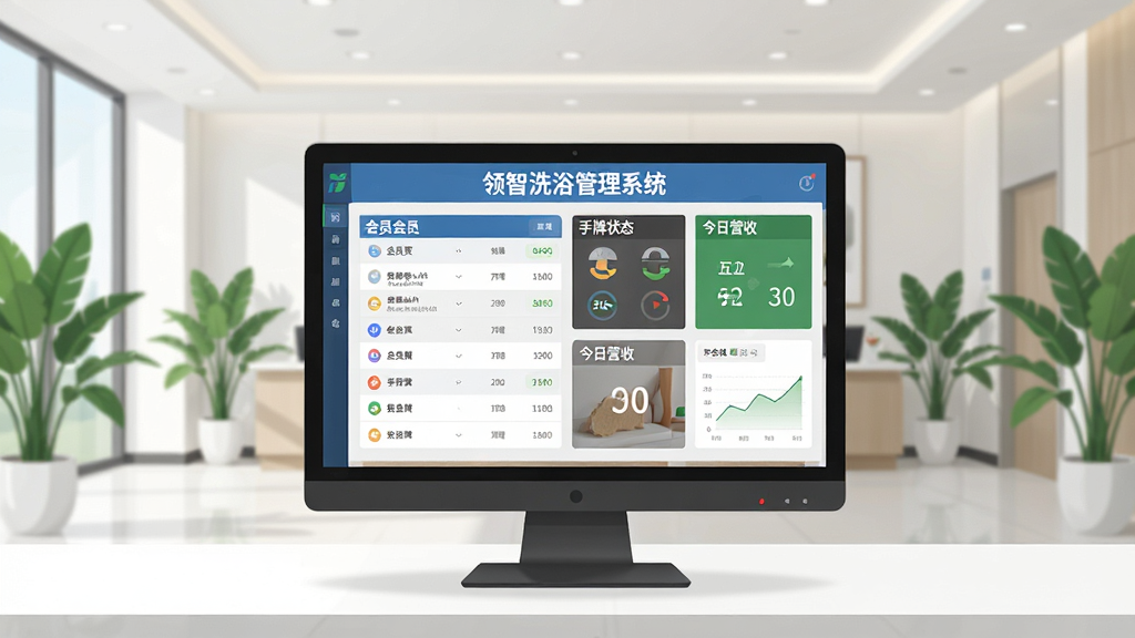 一幅现代洗浴中心前台场景的插图,画面中央一台电脑屏幕清晰显示“领智洗浴管理系统”的界面,包含会员列表、手牌状态、今日营收等模块;背景是整洁明亮的接待大厅,有绿植装饰;布局采用对称构图,界面文字突出;风格为扁平化与写实结合,细节丰富;画质高清,干净无多余元素。
