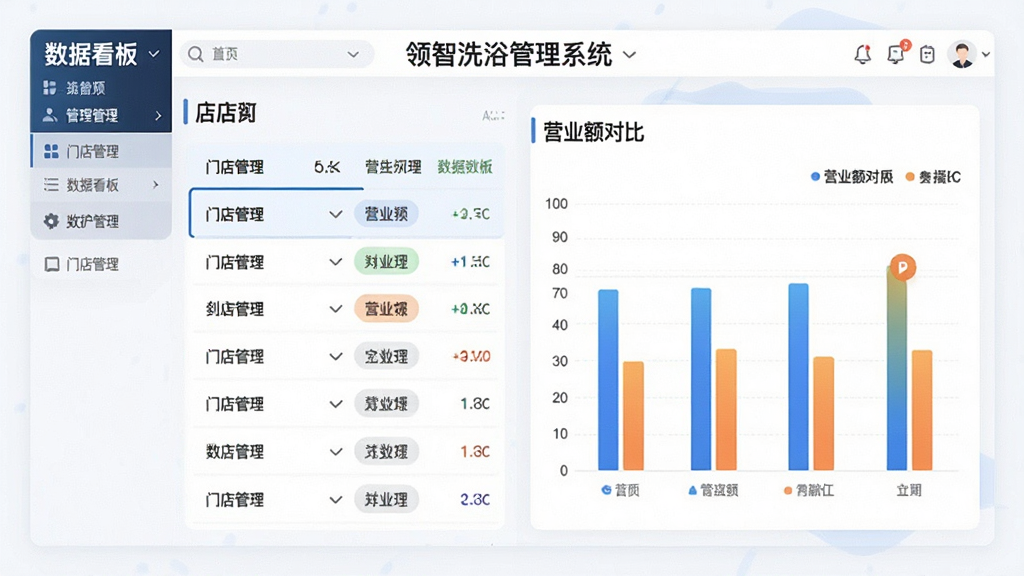 一幅企业管理场景插图,展示“领智洗浴管理系统”的多门店后台界面,左侧为门店列表,右侧为各分店营业额对比柱状图;风格简洁明亮,界面细节清晰,文字标签如“门店管理”“数据看板”突出显示;整体布局均衡,画质干净。