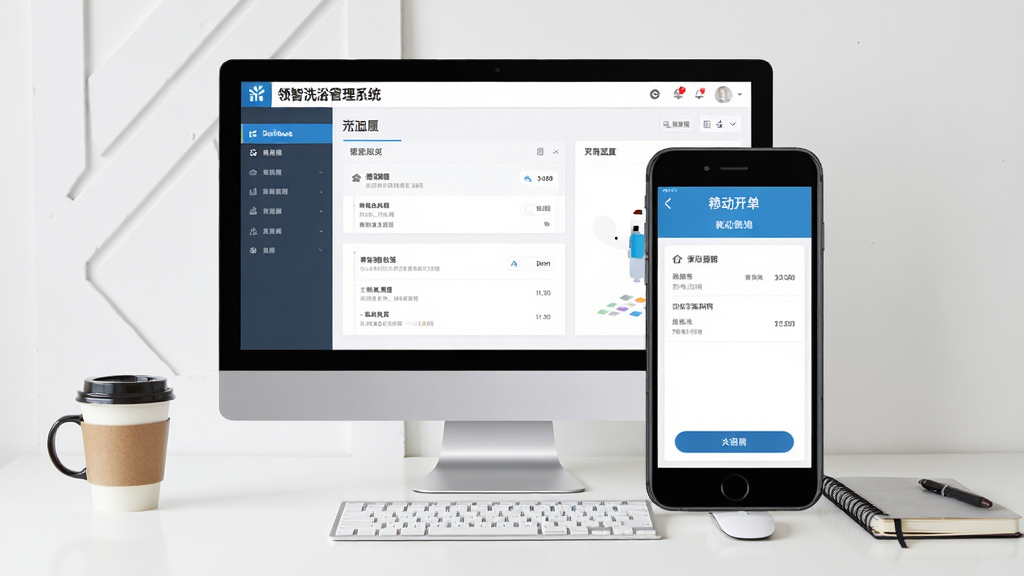 一幅电脑与手机并排显示的插图,电脑屏幕上是“领智洗浴管理系统”的后台界面,手机屏幕显示移动端开单页面;背景为简约办公桌,有咖啡杯和笔记本;布局为左右对比,风格写实,画质清晰,干净无多余元素。
