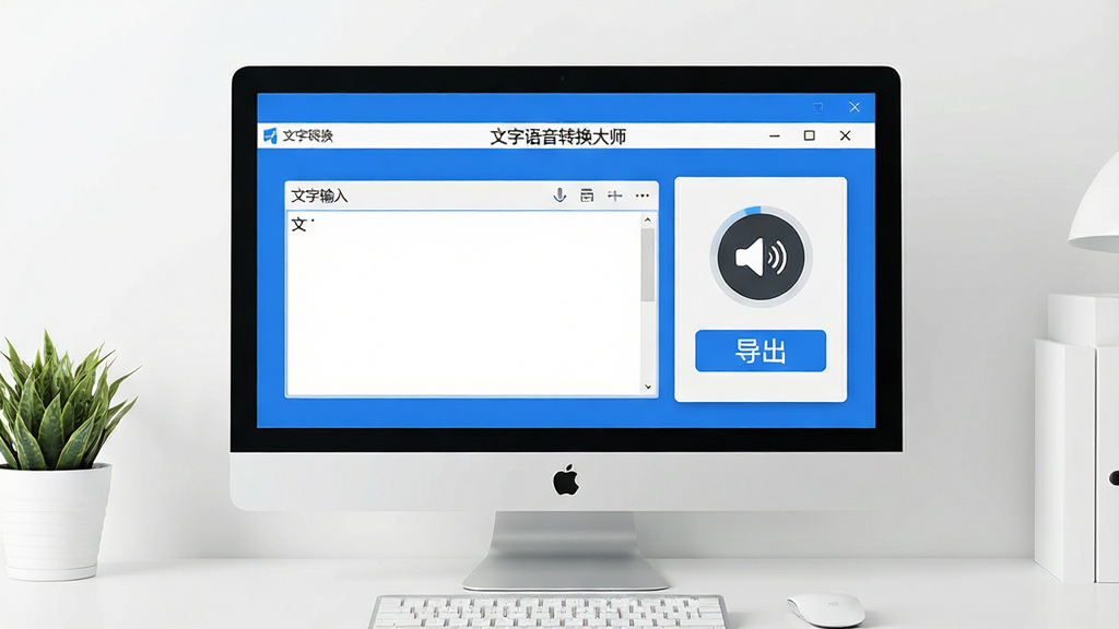 一张现代简约风格的电脑桌面展示图,屏幕中央清晰显示“文字语音转换大师”软件主界面,左侧为文字输入框,右侧为语音试听与导出按钮,界面以蓝白为主色调,整体布局清爽,画质干净,无多余元素