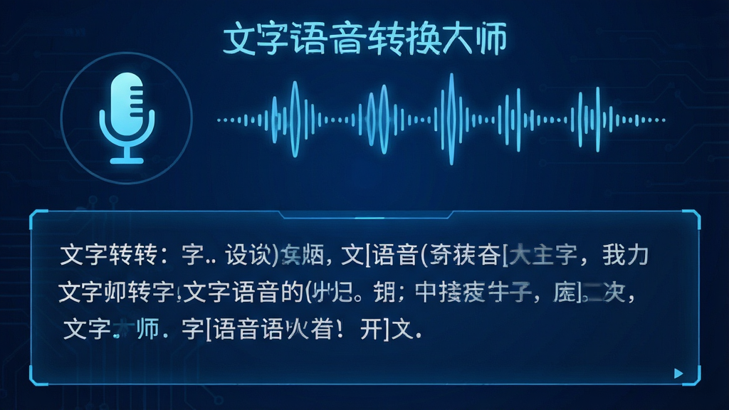 一张展示“文字语音转换大师”语音转文字工作状态的图片,麦克风图标与波形动画位于上方,下方文本框中逐字显示转出的文字,界面科技感十足,背景为深蓝色,文字与图标清晰亮眼,画质干净,无多余元素