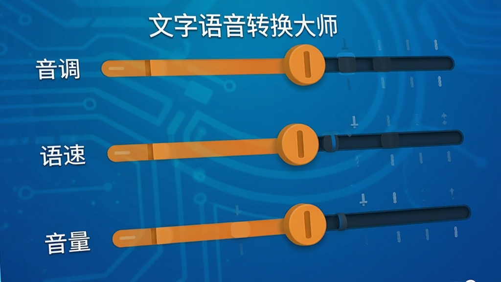 一张展示“文字语音转换大师”音调语速调节滑动条的特写图片,界面上有多个滑块分别标注“音调”、“语速”、“音量”,背景为科技蓝渐变,滑块颜色为橙色,整体风格简洁直观,画质干净,无多余元素