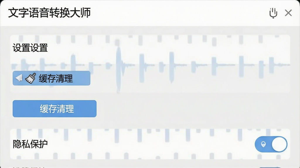 一张展示“文字语音转换大师”设置界面的截图,界面包含“缓存清理”按钮和“隐私保护”开关,背景为浅灰色,设置选项清晰有序,画质干净,无多余元素