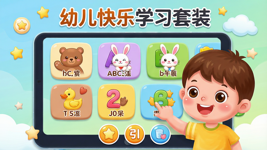 主体:幼儿快乐学习套装的主界面,一个活泼可爱的卡通小朋友正在触摸屏幕上的字母与数字图标。布局:界面顶部为“幼儿快乐学习套装”标题,中部为多个色彩丰富的学习模块卡片,底部为卡通引导按钮。排版:简洁清晰,图标圆润,文字标注清晰。风格:儿童卡通插画风格,色彩明亮温馨,背景为淡蓝色与嫩绿色渐变。细节:每个卡片上有小动物图案,如小熊、小兔、小鸭,屏幕四周有星星和云朵装饰。画质:高清细腻,干净无多余元素。