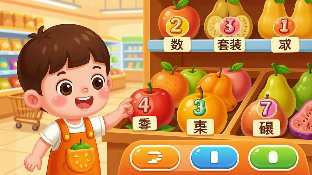 主体:幼儿快乐学习套装的情景教学界面,一个卡通小朋友在超市货架前挑选水果,每个水果上带有数字和汉字标签。布局:左侧为小朋友角色,右侧为货架与商品,下方为答题按钮。排版:层次分明,重点突出,角色与商品比例协调。风格:明亮卡通风格,暖色调为主,超市环境描绘细致。细节:水果颜色鲜艳,数字与汉字标签醒目,小朋友表情开心。画质:细腻平滑,干净无多余元素。