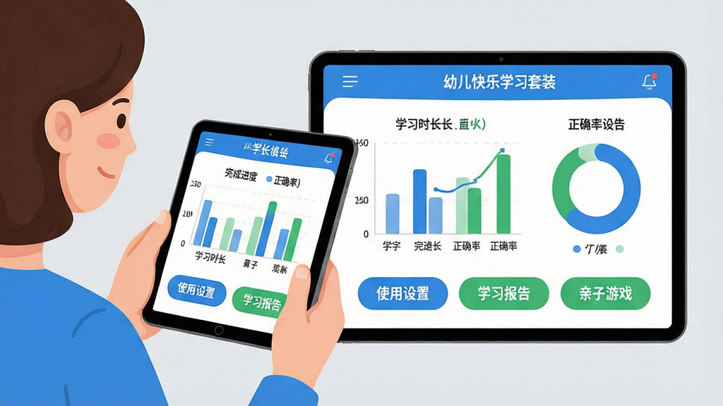 主体:幼儿快乐学习套装的家长中心界面,一位家长正拿着平板查看孩子的学习统计图表。布局:左侧为家长手持平板,右侧为屏幕上的柱状图与环形图,下方为功能按钮。排版:清晰直观,数据可视化,色彩以蓝色与绿色为主。风格:简洁现代卡通风格,背景为浅灰色。细节:图表显示学习时长、完成进度、正确率,按钮上标有“使用设置”“学习报告”“亲子游戏”。画质:精致干净,无多余元素。