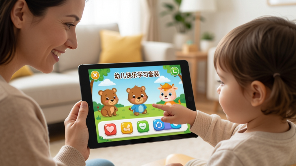 主体:一位家长与孩子一起使用平板电脑学习幼儿快乐学习套装,孩子指点屏幕,家长微笑陪伴。布局:画面中央为平板电脑,显示学习界面,左侧为家长,右侧为孩子。排版:温馨自然,色彩柔和,背景为明亮客厅。风格:写实卡通风格,光线柔和,细节丰富。细节:平板上展示着幼儿快乐学习套装的界面,有卡通动物和彩色按钮,孩子手指触碰屏幕。画质:高清干净,无多余元素。