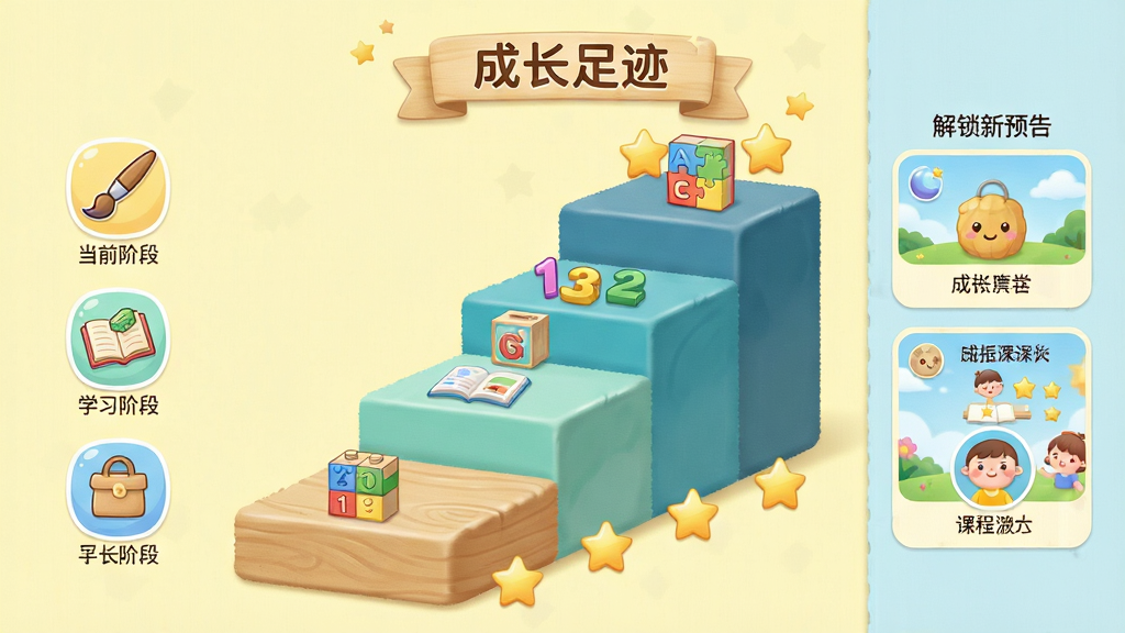 主体:幼儿快乐学习套装的成长阶梯界面,展示从简单到复杂的多个学习关卡,每关有星星奖励。布局:中央为阶梯状进度条,左侧为当前学习阶段图标,右侧为解锁的新课程预告。排版:阶梯层层递进,颜色由浅入深,图标清晰。风格:清新卡通风格,背景为淡黄色,阶梯为木质纹理。细节:阶梯上放置不同学科的图标,如画笔、数字积木、字母拼图,顶部有“成长足迹”字样。画质:明亮柔和,干净无多余元素。
