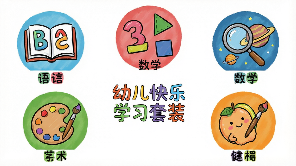 主体:幼儿快乐学习套装的多学科界面,展示语言、数学、科学、艺术、健康五个图标,每个图标都有对应的卡通元素。布局:五个图标呈五角星排列,中央为“幼儿快乐学习套装”标志。排版:均衡对称,色彩各异,每个图标下方有学科名称。风格:手绘卡通风格,色彩丰富但不刺眼,背景为白色。细节:语言图标为书本与字母,数学图标为数字与形状,科学图标为放大镜与星球,艺术图标为调色板与画笔,健康图标为水果与运动。画质:高分辨率,干净无多余元素。
