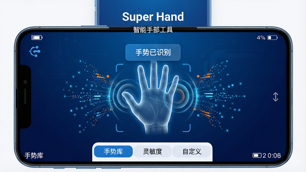 ���壺һ����Ϊ��Super Hand���������ֻ�Ӧ�ý��棬��Ļ������ʾһ����͸����������������Χ�����Ŷ�̬��ʶ���ƺ������������֣�Ӧ�ý���ռ�ݻ������壬����Ϊ����ɫ�Ƽ��н��䣬�����·��С����ƿ⡱���������ȡ������Զ��塱��ѡ����Ű棺����Ԫ���������룬����ͼ�������ɼ������������Ϸ������š�������ʶ�𡱵���ʾ�򡣷�񣺿Ƽ��С��ִ��С���ƽ����ƣ�ɫ������ɫ�Ͱ�ɫΪ��������������ɫ������ϸ�ڣ����������������⣬��������������ʽ��������������ɢ����Ļ������ʾ��ص�����ʱ�䡣���ʣ����壬8K���ɾ����޶���Ԫ�ء����֣���Super Hand���������ڽ��涥�������ġ������ֲ����ߡ��������¡�