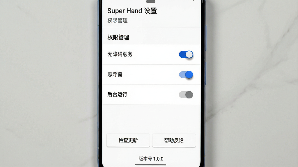 ���壺�����ֻ�����������ʾSuper Hand������ҳ�棬����Ϊ��Ȩ�޹�����ѡ��·��г������ϰ����񡱡�����������������̨���С��ȿ��أ����С����ϰ����񡱿��ش��ڿ���״̬�����֣����������б���ʽ���У�ÿ��ѡ���Ҳ��п��ػ��飬�ײ��С������¡��롰������������ť���Ű棺��Ϣ�㼶���������������������������ָ�������״̬����ɫ���ɫ���֡���񣺼�ࡢ������Android 12������ԣ�����Ϊ����ɫ����Ƭʽ���֡�ϸ�ڣ����ػ��������ӰЧ����ҳ��ײ��С��汾�� 1.0.0�����������ʣ����壬�ɾ����޶���Ԫ�ء����֣���Super Hand ���á���Ϊҳ����⣬�·��С�Ȩ�޹�����С���⡣
