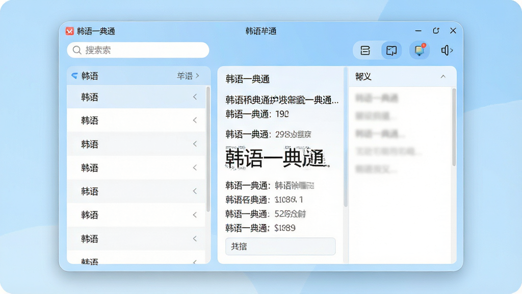 一张高清产品展示图,画面中央是“韩语一典通”软件的主界面,界面风格现代简洁,左侧为单词列表,右侧为详细释义区。界面背景为浅蓝色渐变,窗口边缘圆润柔和。正面视角,布局清晰,窗口顶部有搜索框和功能图标。整体呈现出专业、清爽的软件预览效果,画质干净,无多余元素,图片中显示“韩语一典通”文字。