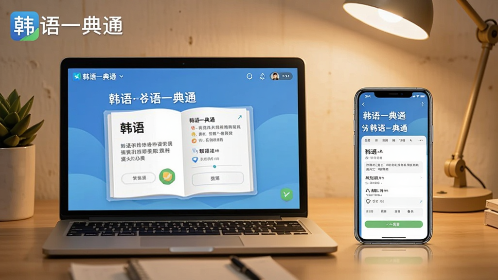 一张多设备使用场景图,画面左侧是一台笔记本电脑,右侧是一部智能手机,两台设备都打开“韩语一典通”的界面。背景为暖色调的书桌,整体氛围安静,体现跨平台学习的便利。图片清晰,无多余杂物,带有“韩语一典通”字样。