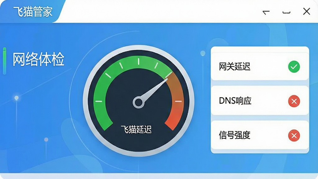 一张飞猫管家网络体检功能页面截图,界面中央显示一个圆形仪表盘,指针指向绿色区域,旁边列出检测项目清单,如“网关延迟”“DNS响应”“信号强度”,每个项目后都有对勾或叉号,整体风格简洁明亮,突出诊断结果,文字标签为“飞猫管家”和“网络体检”,画质清晰,干净无杂物