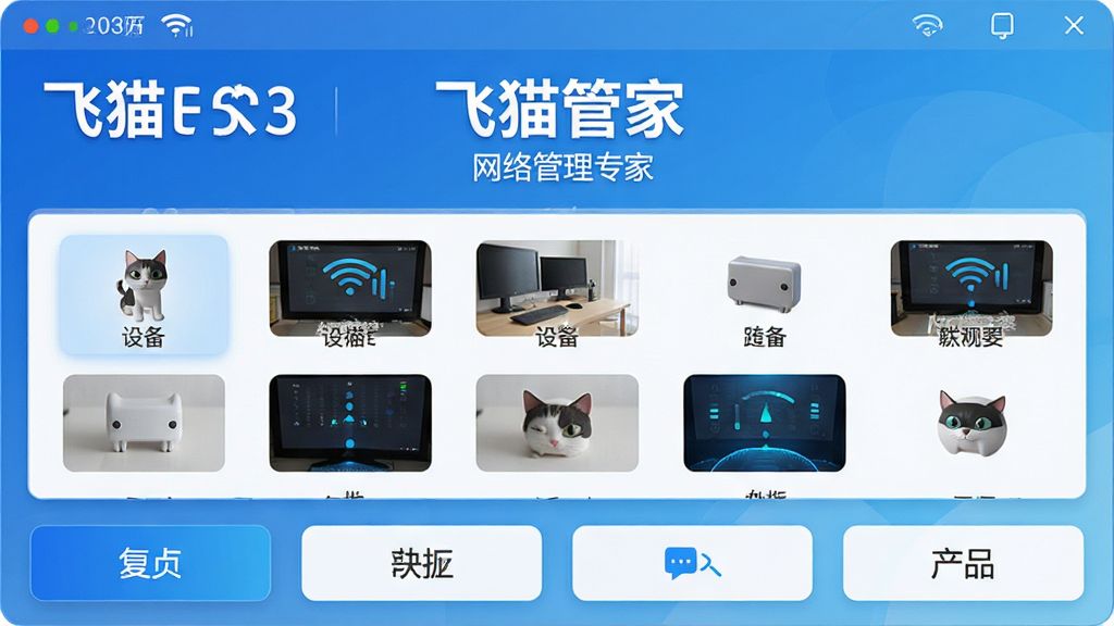 一张展示飞猫管家主界面的高清截图,界面顶部显示网络状态图标和当前网速,中间部分为设备列表缩略图,底部为功能按钮布局,整体风格为蓝白渐变的科技感设计,画面干净明亮,强调软件的智能与便捷,文字标签为“飞猫管家”和“网络管理专家”,画质清晰,无多余元素