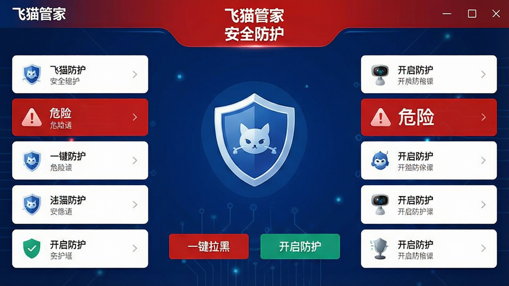 一张飞猫管家安全防护功能界面截图,界面中央有一个盾牌图标,周围环绕设备列表,其中一台设备被红色标记并显示“危险”提示,下方有“一键拉黑”和“开启防护”按钮,整体风格以深蓝和红色为主,突出安全警示,文字标签为“飞猫管家”和“安全防护”,画质清晰,无多余元素