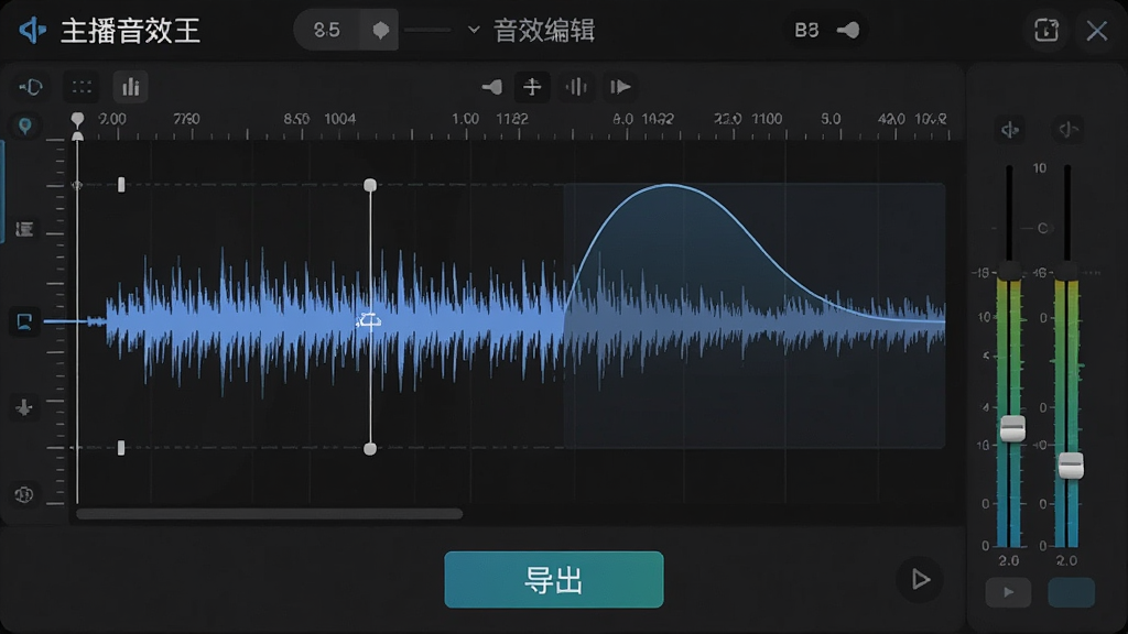 画面主体为“主播音效王”音效编辑界面,波形图上显示裁剪标记与淡入淡出曲线,下方为导出按钮,背景为深色工作台布局。风格极简,细节包含时间轴标尺和音量滑块,画质干净清晰,无多余元素
